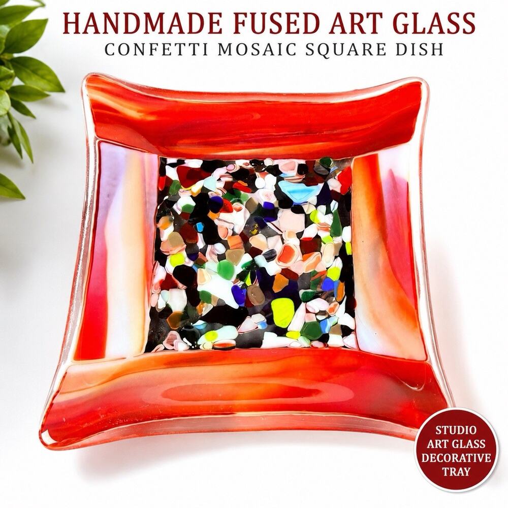 Studio Art Glass Tray Red Confetti Fused Mosaic Square Dish MCM Handmade